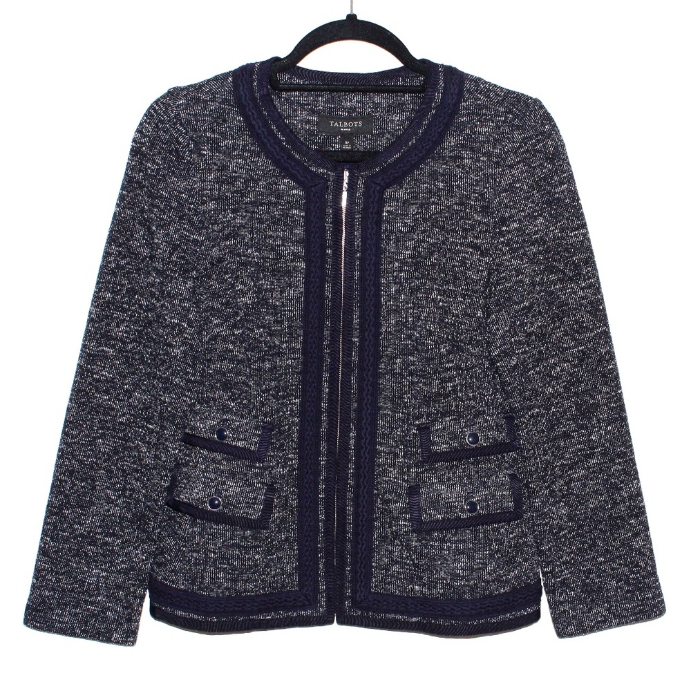 Talbots Navy and White Tweed Braided Trim Jacket